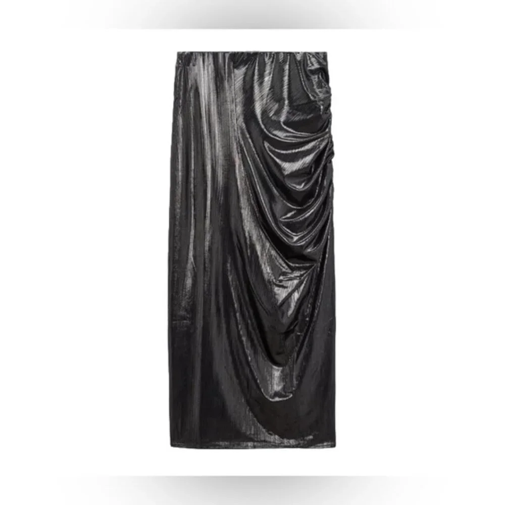 NWT ZARA Shiny Gathered Midi Skirt Elastic Waistband Back Slit 4770/629/836 Sz M